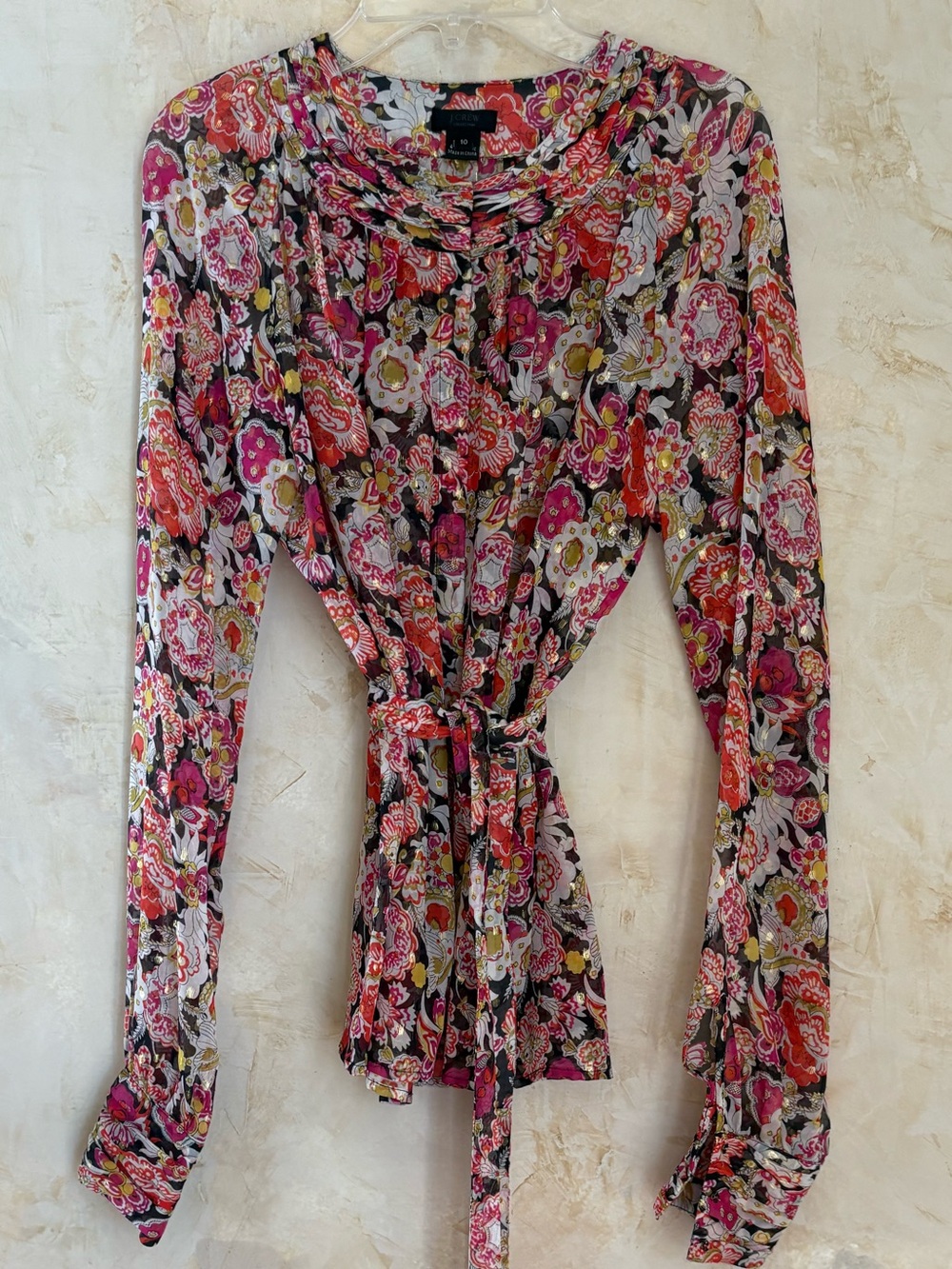 J. Crew Silk Floral Tie-Waist Long Sleeve Blouse